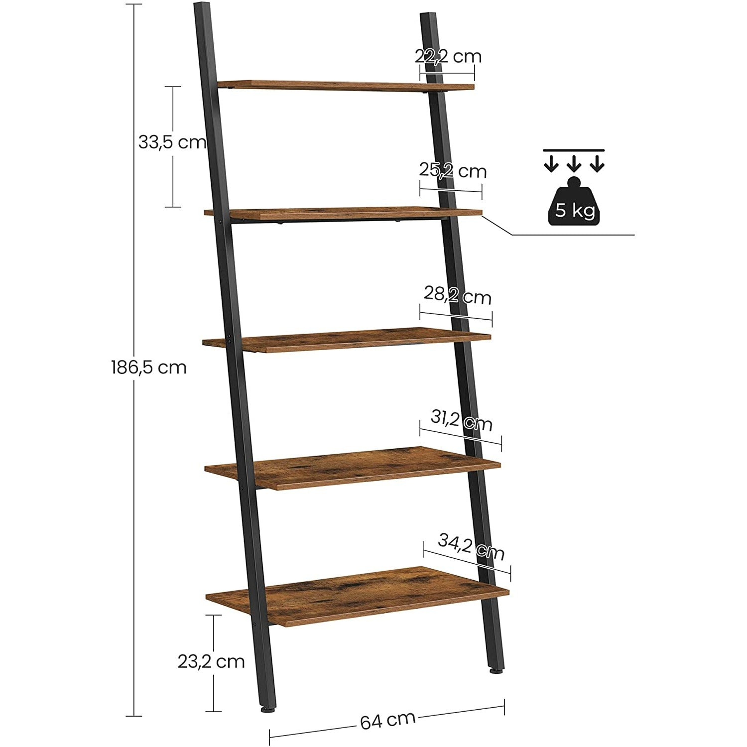 5-Tier Bookshelf Rack, Rustic Brown and Black