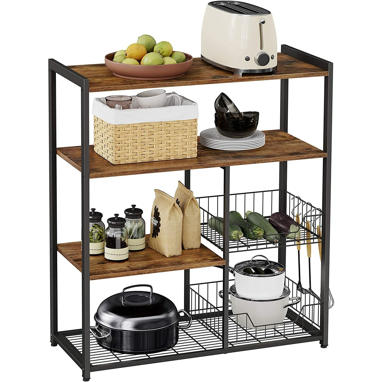 Baker's Rack with 2 Metal Mesh Baskets, Shelves and Hooks, 80 x 35 x 95 cm, Industrial Style, Rustic Brown