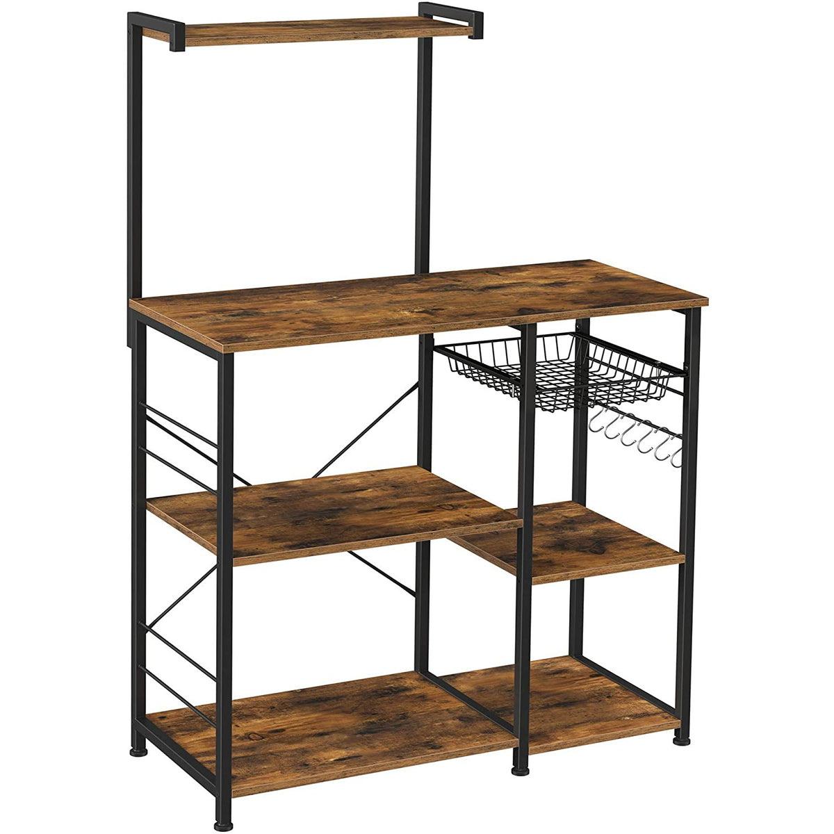 Kithcen Baker&#39;s Rack with Shelves Microwave Stand with Wire Basket and 6 S-Hooks Rustic Brown