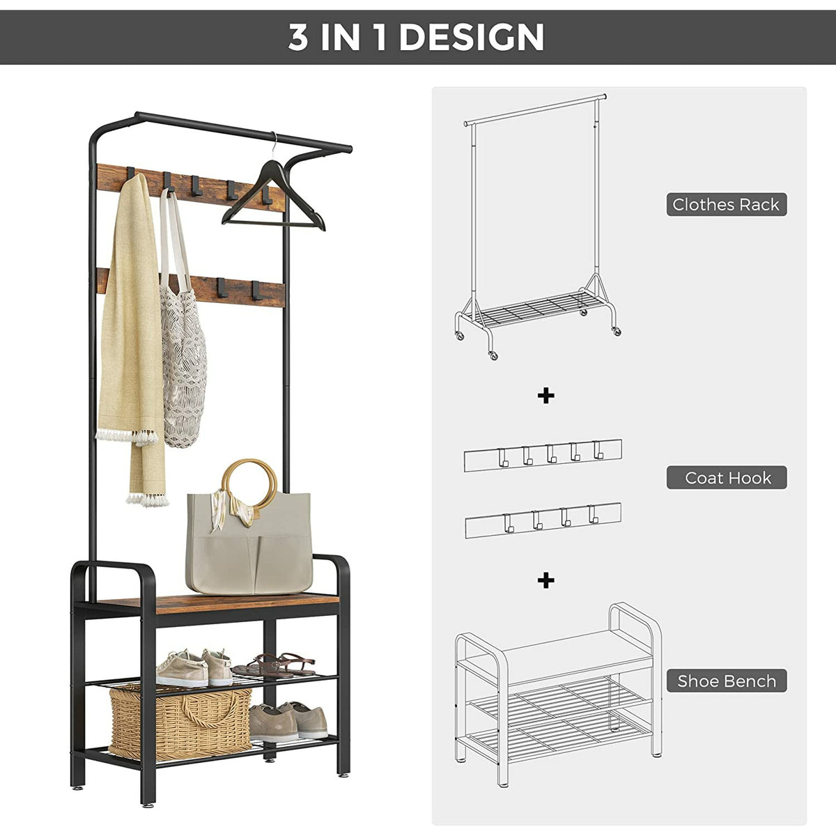 Vintage Coat Rack Shoe Bench, Wood Look Accent Furniture and Metal Frame
