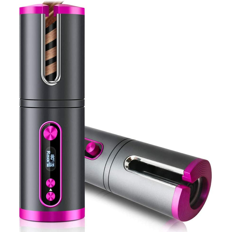 Portable Wireless Automatic Hair Curler for Travel with LED Temperature Display, Timer and USB Rechargeable (Pink)