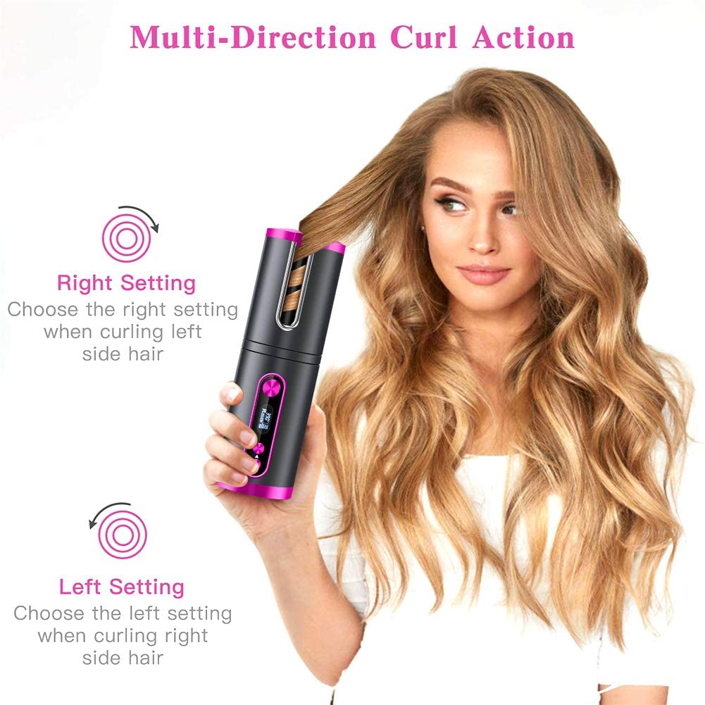 Portable Wireless Automatic Hair Curler for Travel with LED Temperature Display, Timer and USB Rechargeable (Pink)