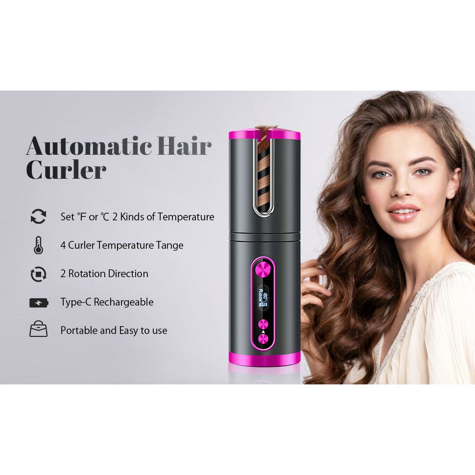 Portable Wireless Automatic Hair Curler for Travel with LED Temperature Display, Timer and USB Rechargeable (Pink)