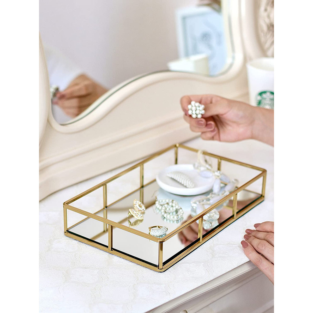 Tray Gold Mirror Decorative for Storage Jewelry and Makeup accessories