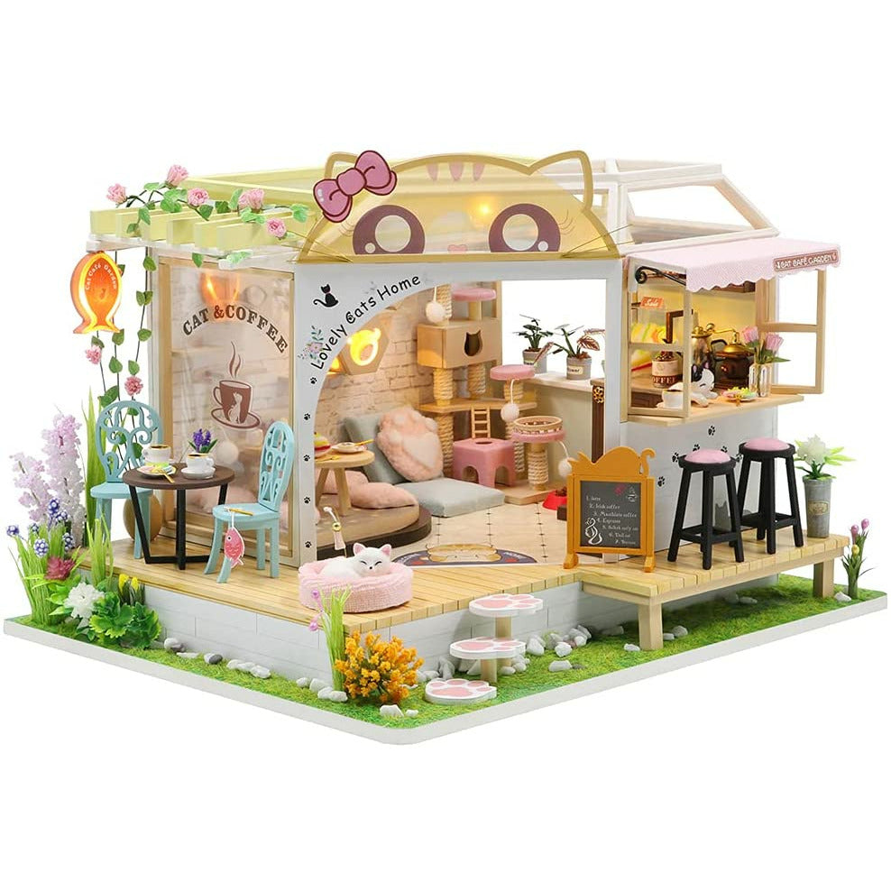 Dollhouse Miniature with Furniture Kit Plus Dust Proof and Music Movement - Cat Coffee (Valentine&#39;s Day Gift Idea)