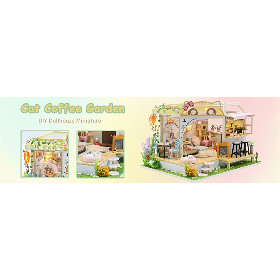 Dollhouse Miniature with Furniture Kit Plus Dust Proof and Music Movement - Cat Coffee (Valentine's Day Gift Idea)