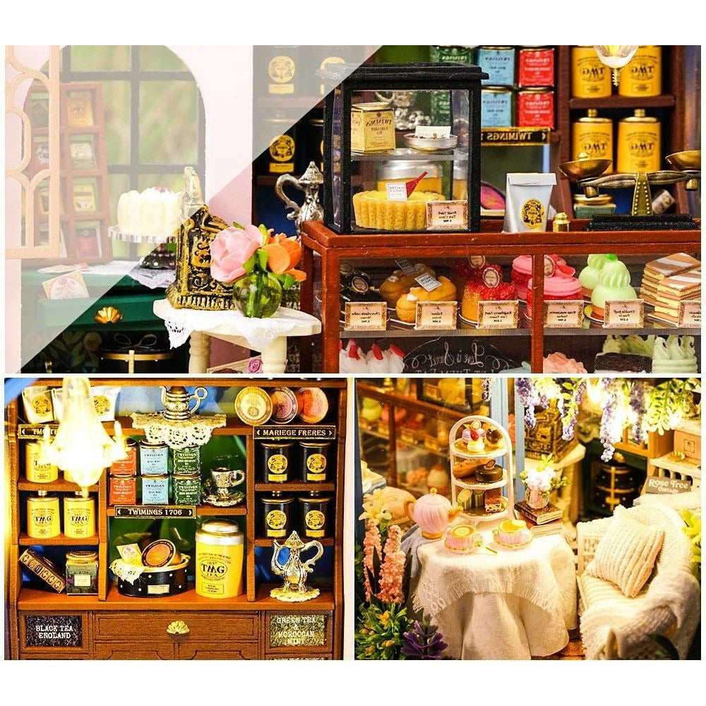 Dollhouse Miniature with Furniture Kit Plus Dust Proof and Music Movement - Rosa Garden Tea