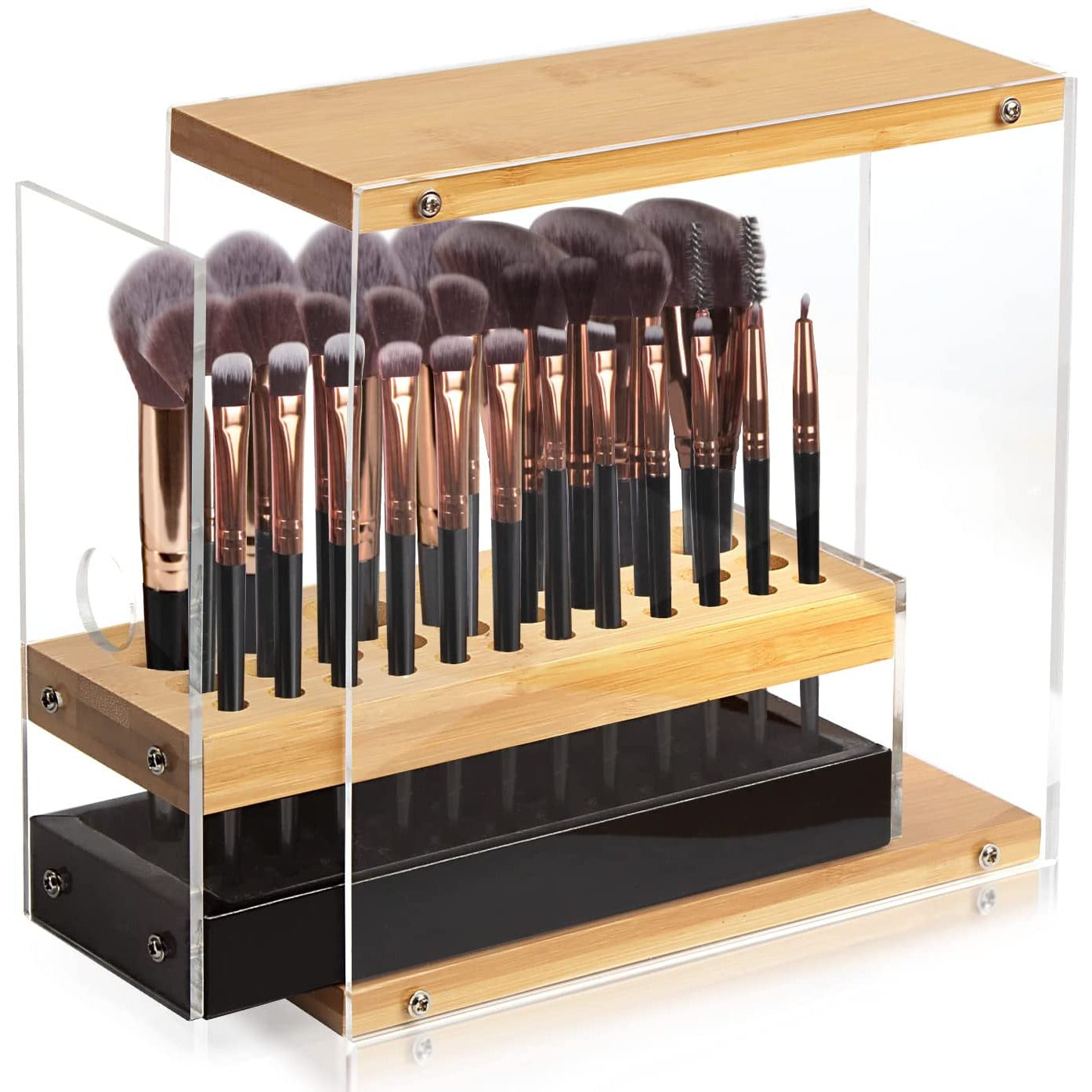 31 Holes Acrylic Bamboo Brush Holder Organiser Beauty Cosmetic Display Stand with Leather Drawer Black (22.3 x 8.6 x 21.5 cm)