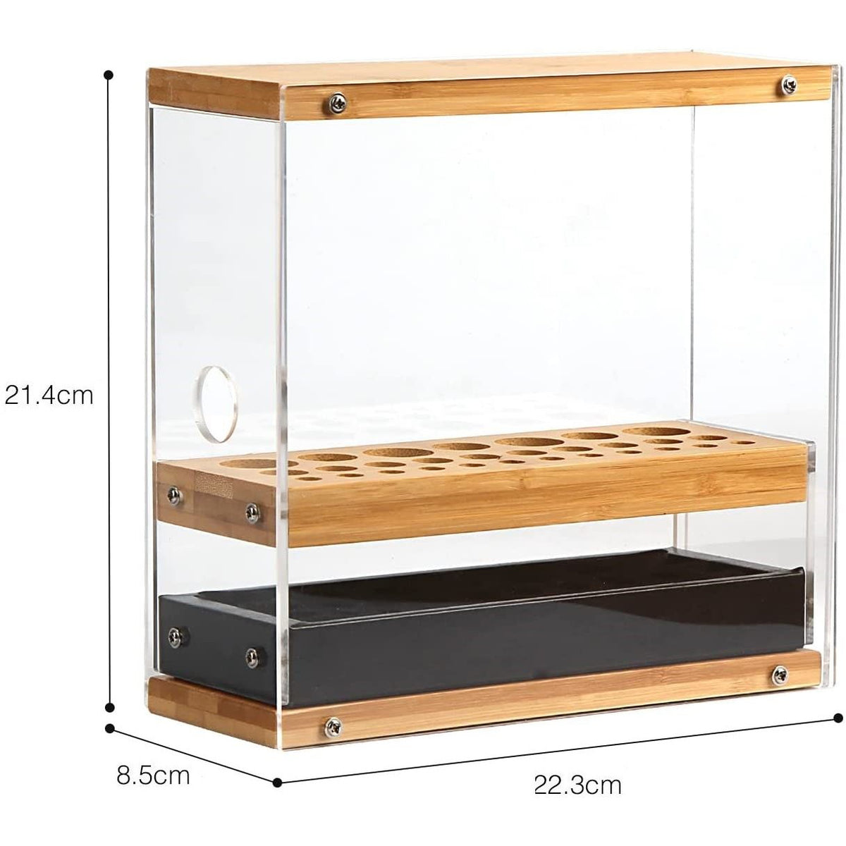 31 Holes Acrylic Bamboo Brush Holder Organiser Beauty Cosmetic Display Stand with Leather Drawer Black (22.3 x 8.6 x 21.5 cm)