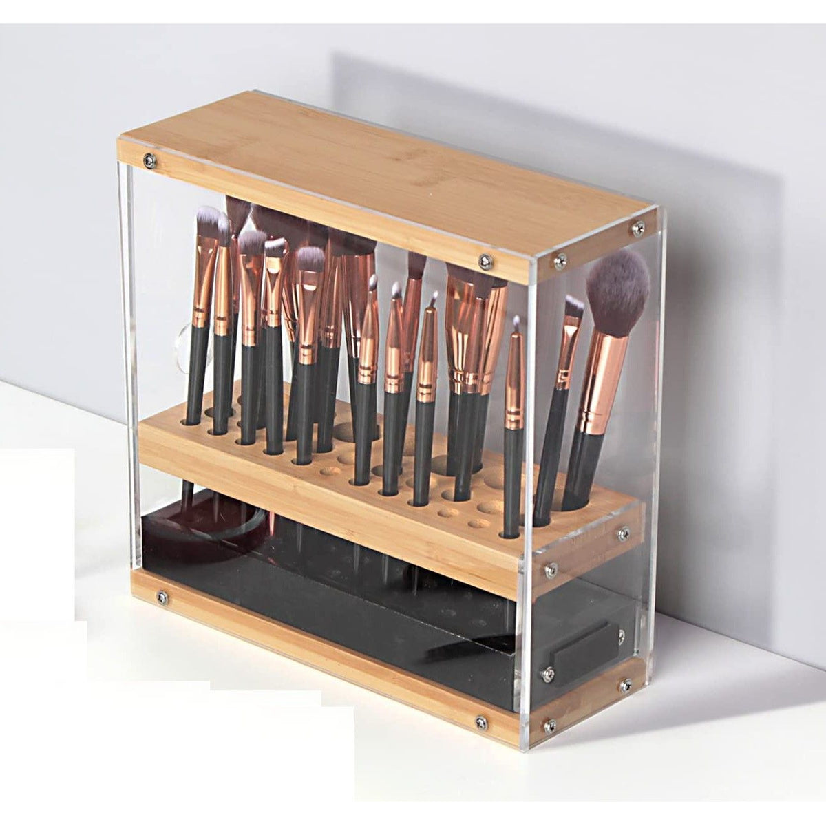 31 Holes Acrylic Bamboo Brush Holder Organiser Beauty Cosmetic Display Stand with Leather Drawer Black (22.3 x 8.6 x 21.5 cm)