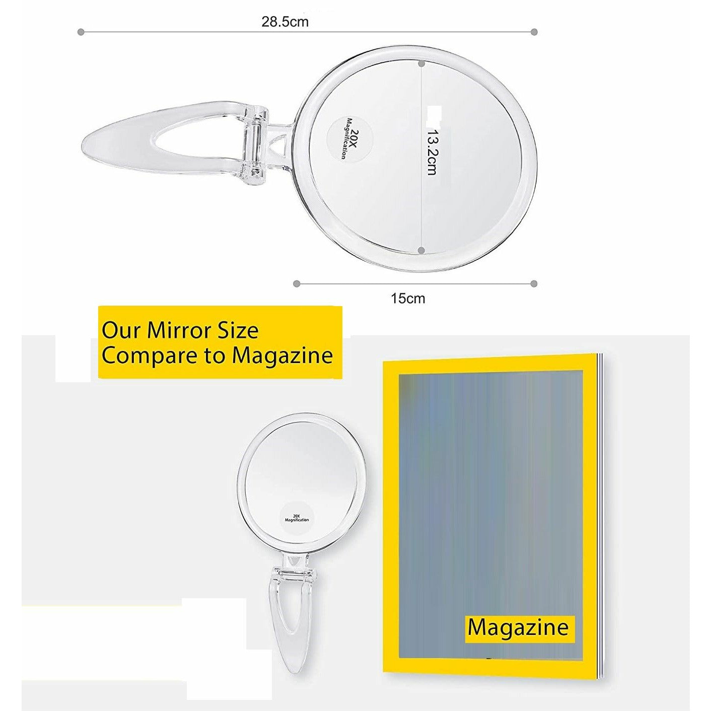 20X Magnifying Hand Mirror Two Sided Use for Makeup Application, Tweezing, and Blackhead/Blemish Removal (15 cm)