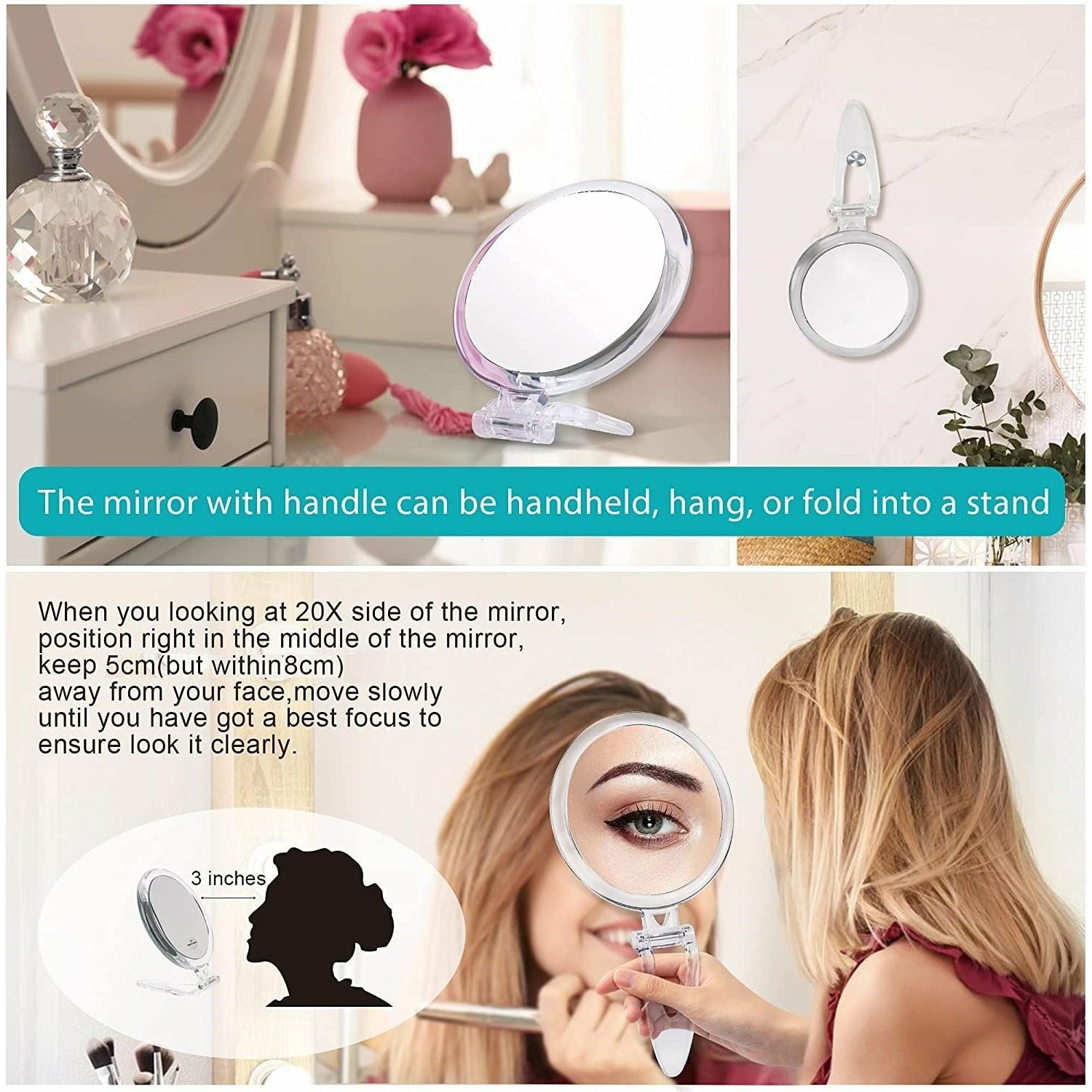 20X Magnifying Hand Mirror Two Sided Use for Makeup Application, Tweezing, and Blackhead/Blemish Removal (15 cm)