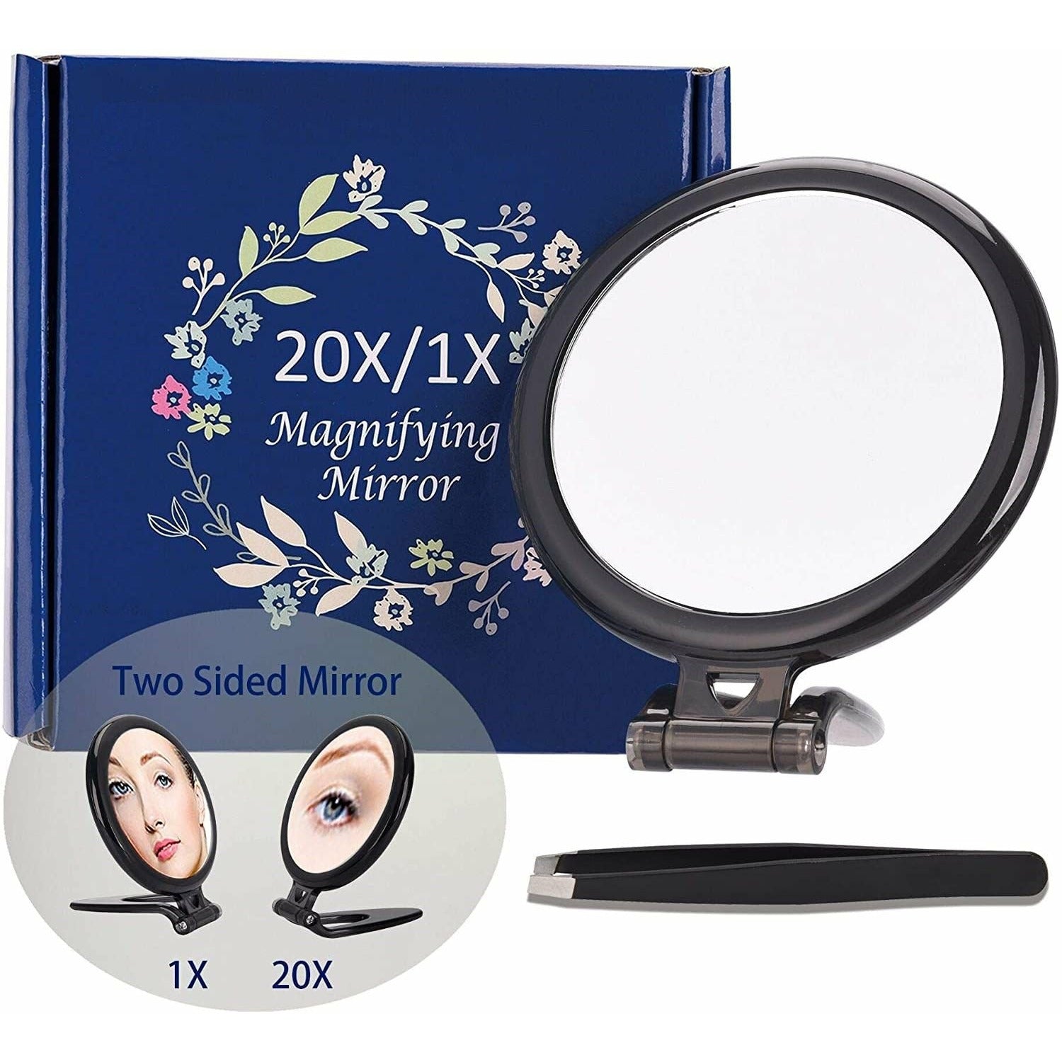 20X Magnifying Hand Mirror Two Sided Use for Makeup Application, Tweezing, and Blackhead/Blemish Removal (10 cm Black)