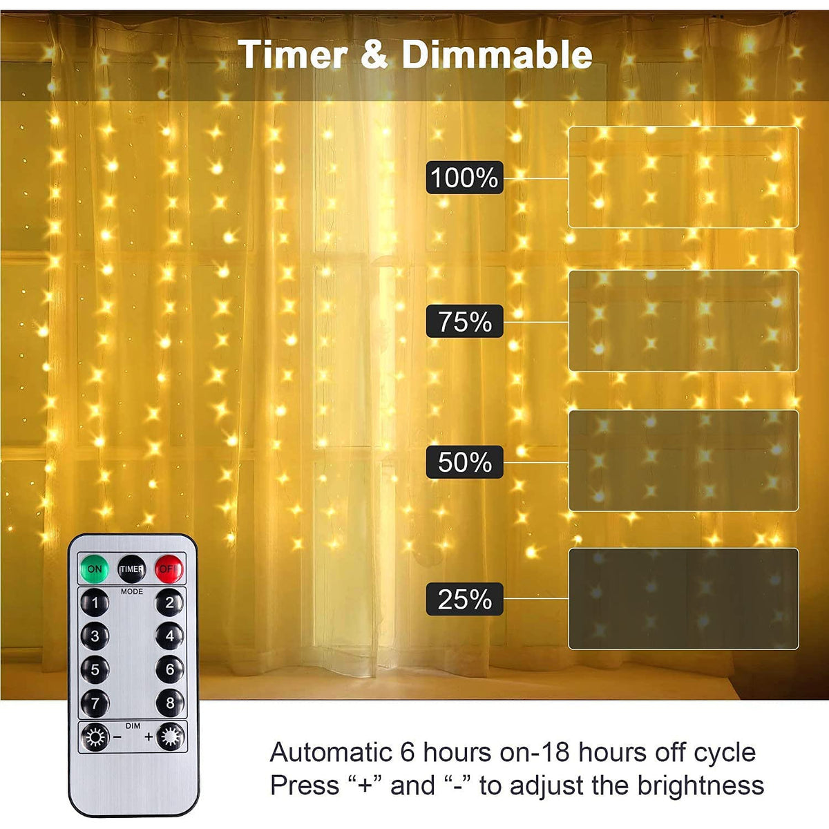 USB Powered 300 LED Curtain String Light with 8 Modes and Remote Control for Bedroom Party Wedding Decorations