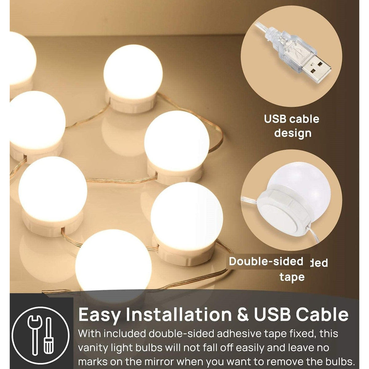 Hollywood Vanity Style LED Makeup Lights Mirror with 3 Color Modes Lights with 10 Dimmable Bulbs (Mirror Not Include)