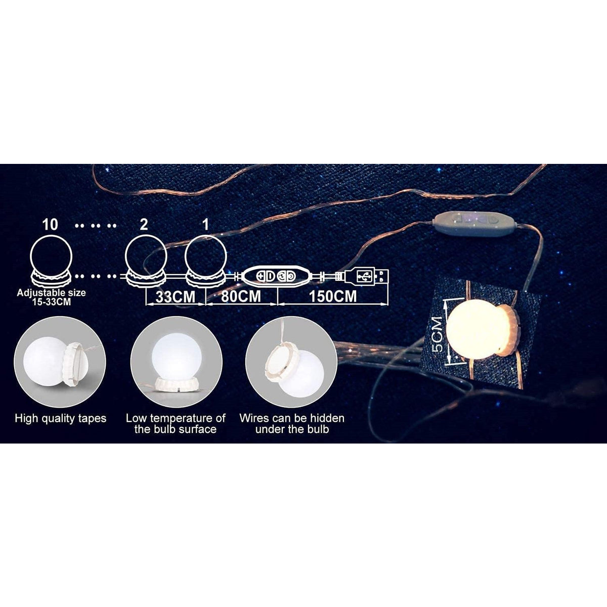 Hollywood Vanity Style LED Makeup Lights Mirror with 3 Color Modes Lights with 10 Dimmable Bulbs (Mirror Not Include)