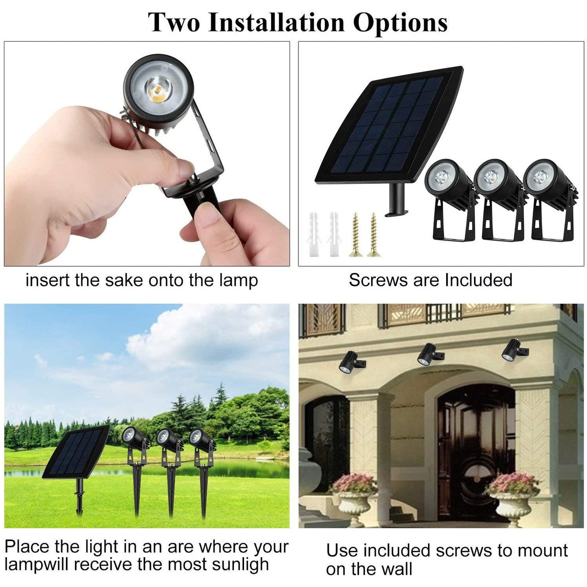 3 x LED Spotlights Powered Solar Garden Lights Outdoor Waterproof (Warm White)