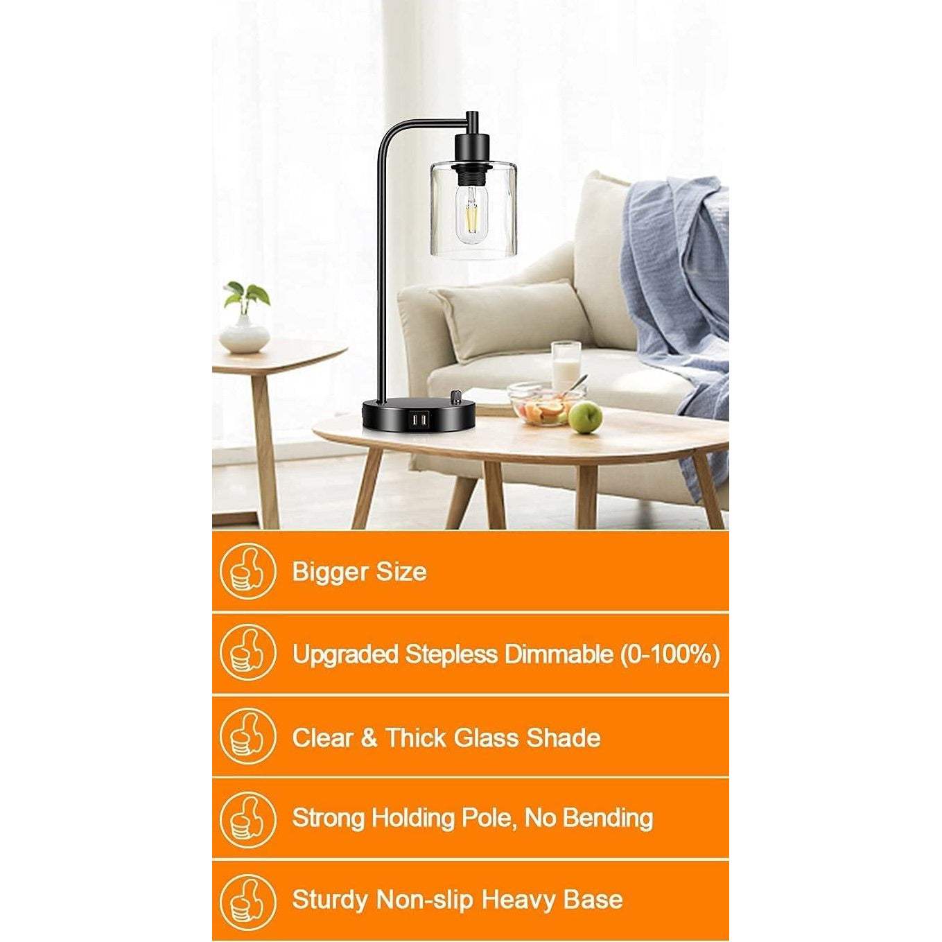 2x Pack Industrial Table Lamp with 2 USB Port for Bedside Nightstand Desk and Living Room Office (Bulb not Included)