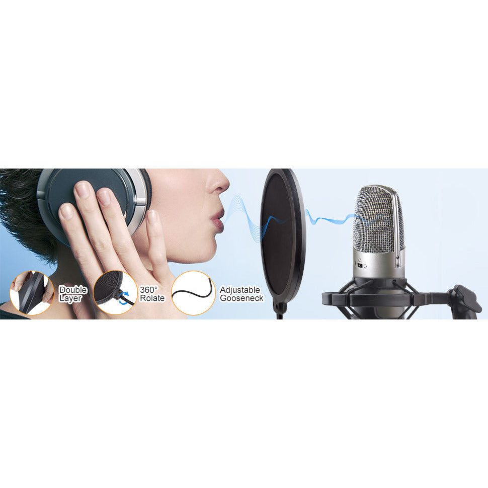 Microphone Radio Broadcasting Stand with 3/8"to 5/8" Screw Adapter and Windscreen Pop Filter