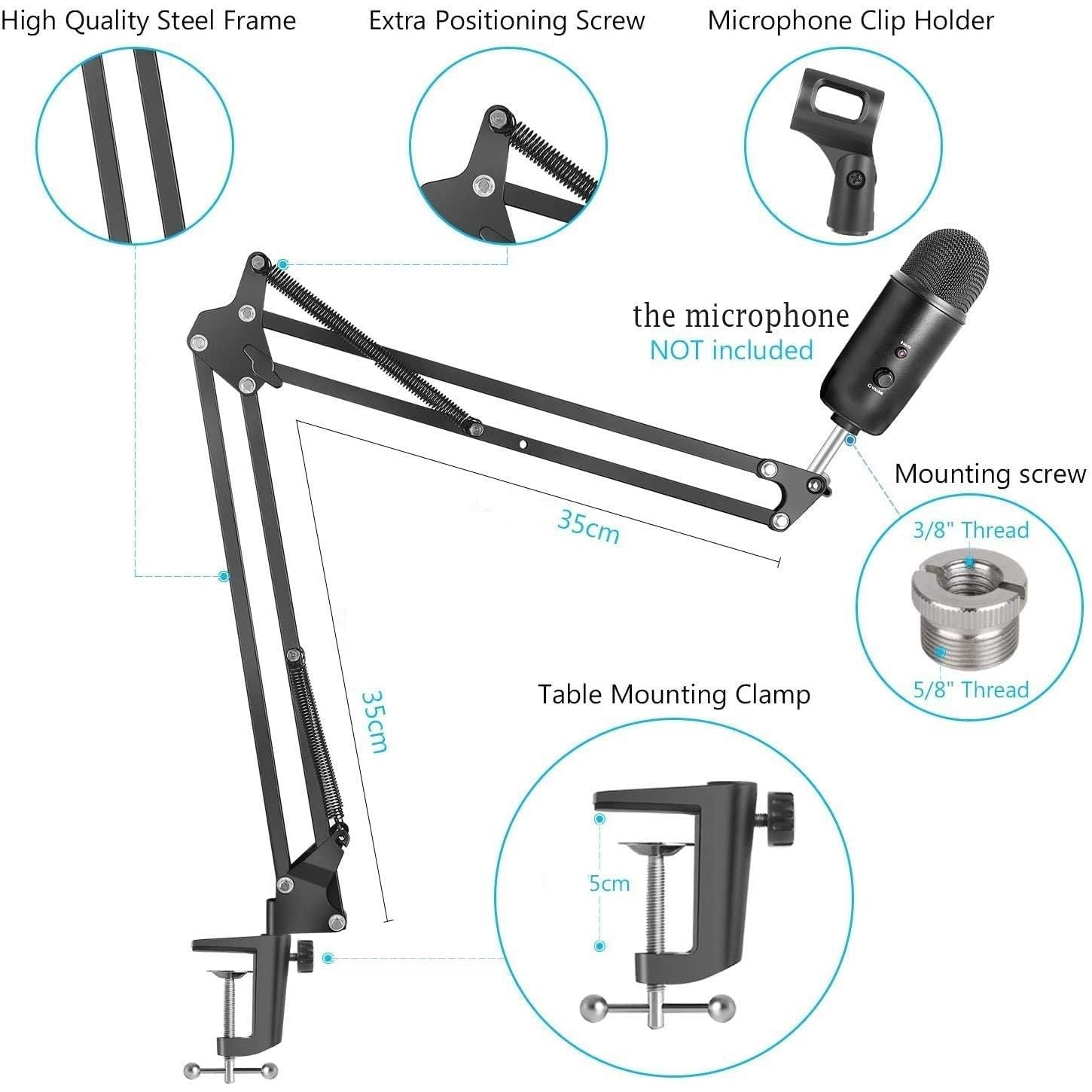 Microphone Radio Broadcasting Stand with 3/8"to 5/8" Screw Adapter and Windscreen Pop Filter