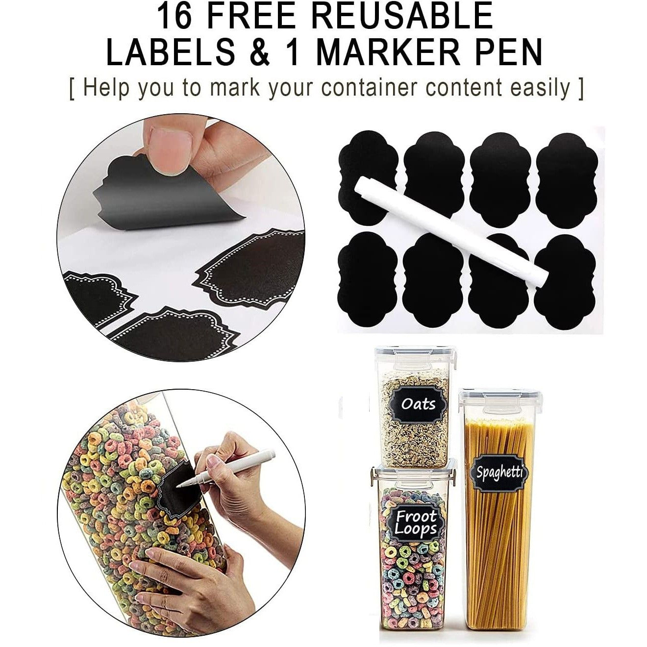 14 Pieces Airtight Food Storage and BPA Free Plastic with Easy Lock Black Lids Labels for Kitchen