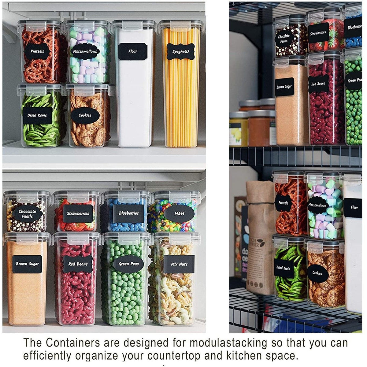 14 Pieces Airtight Food Storage and BPA Free Plastic with Easy Lock Black Lids Labels for Kitchen