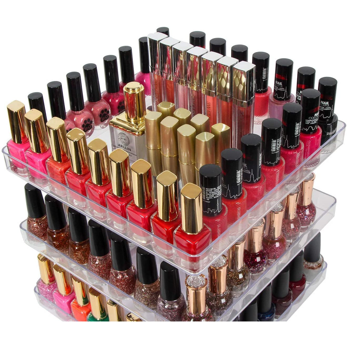 3 Tier 360 Rotating Display Rack Organizer Stand for Clear Nail Polish and Makeup Cosmetics with Acrylic Guard