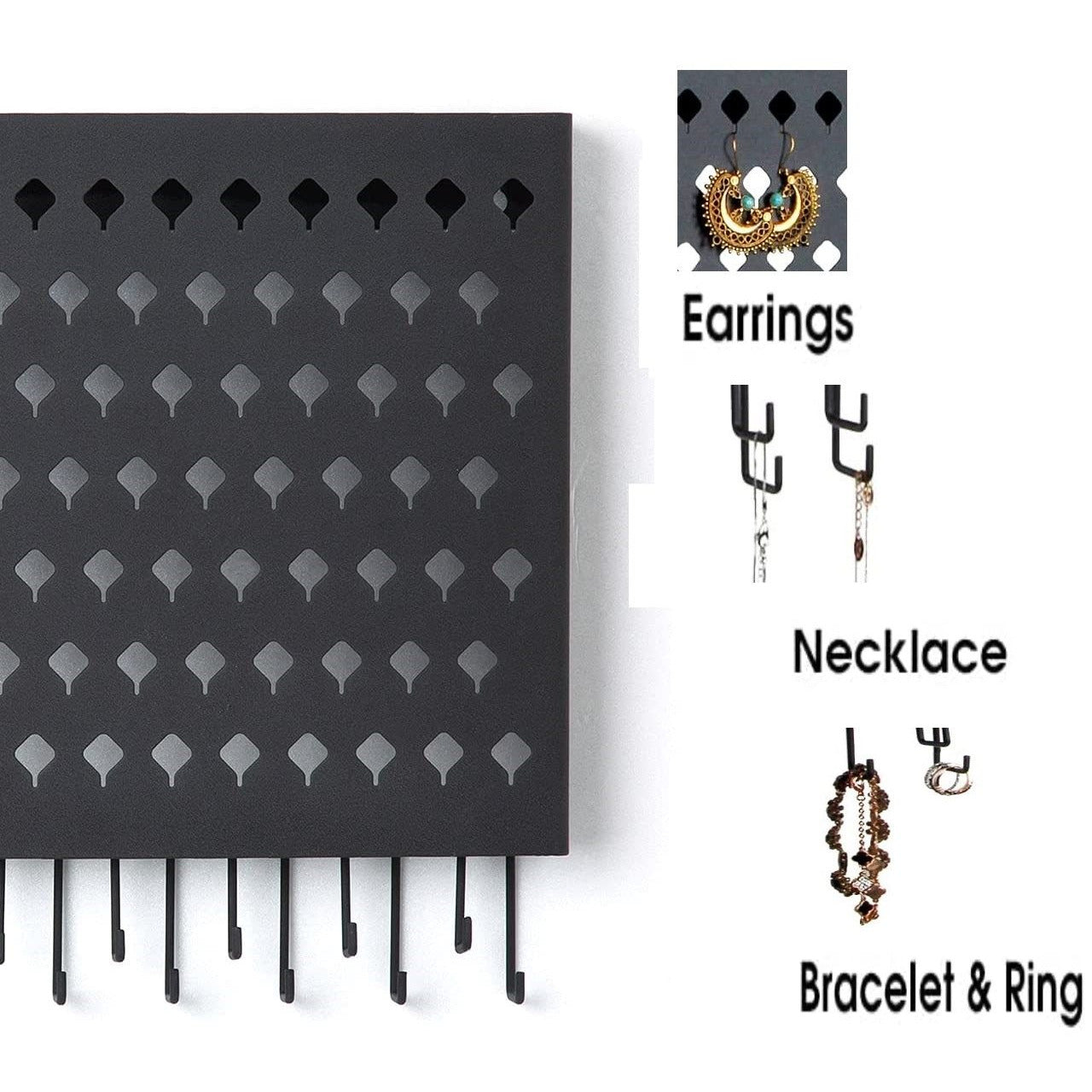 Wall Mount Earring Jewelry Hanger Organizer Holder with 109 Holes and 19 Hooks (Black)