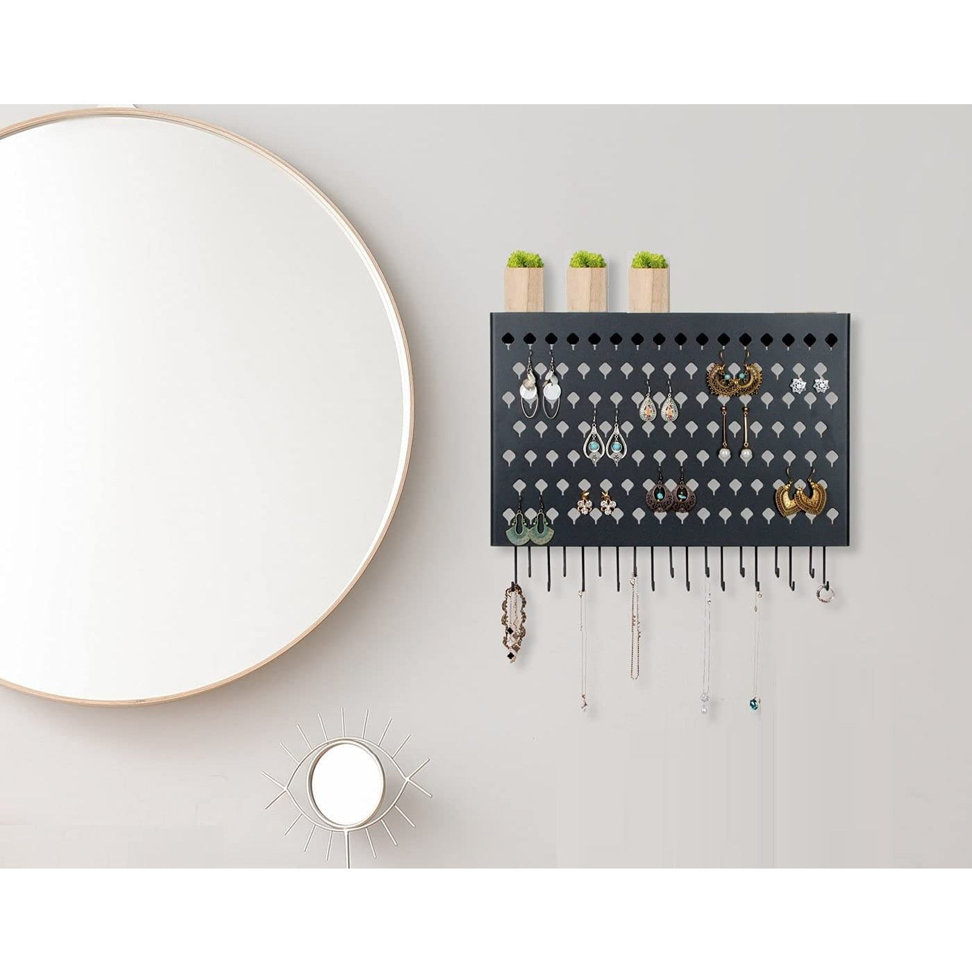 Wall Mount Earring Jewelry Hanger Organizer Holder with 109 Holes and 19 Hooks (Black)