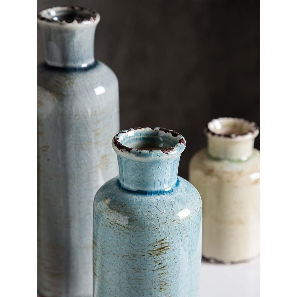 Ceramic Vases Set of 3 Crackled Finish Blue Farmhouse for Home D�cor