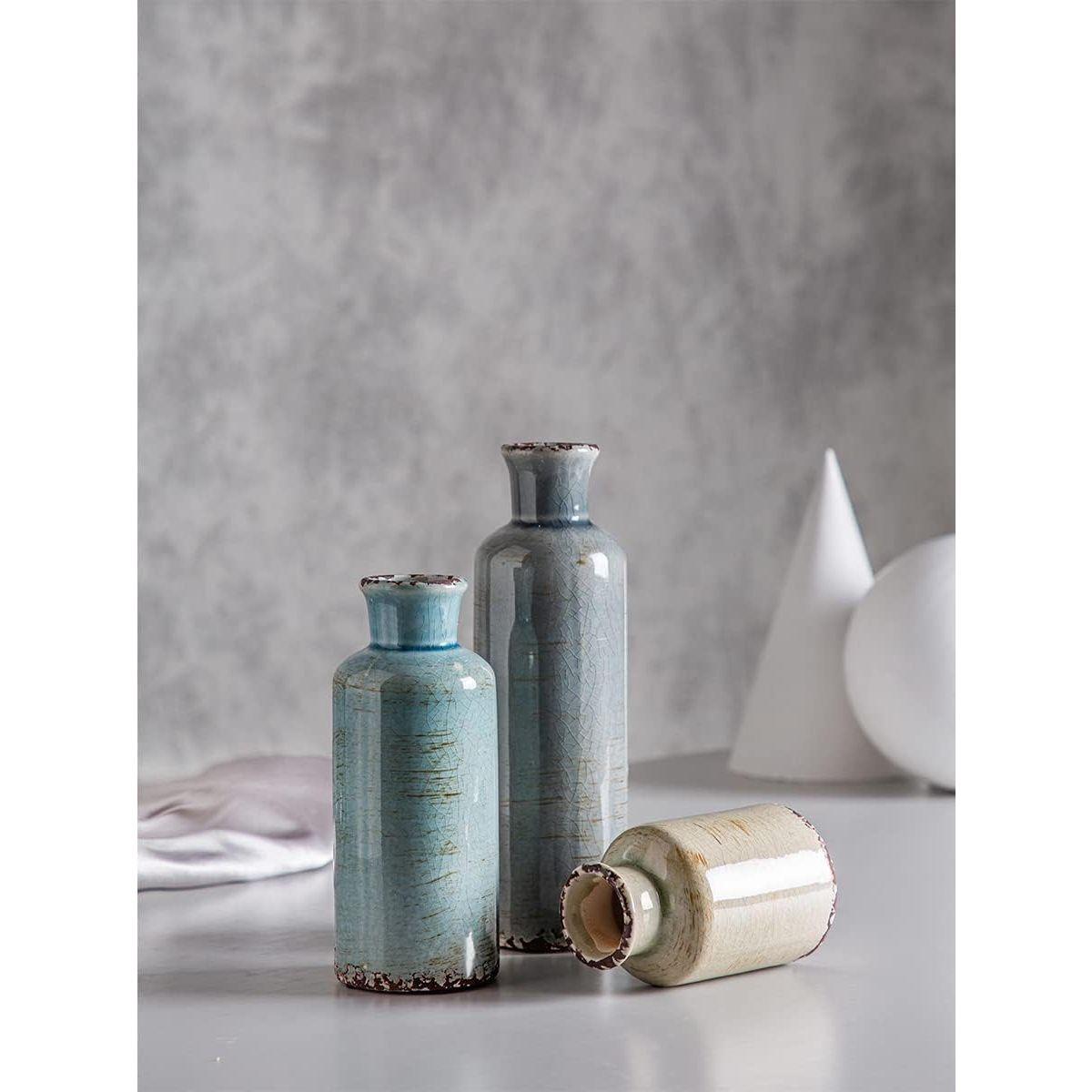 Ceramic Vases Set of 3 Crackled Finish Blue Farmhouse for Home D�cor
