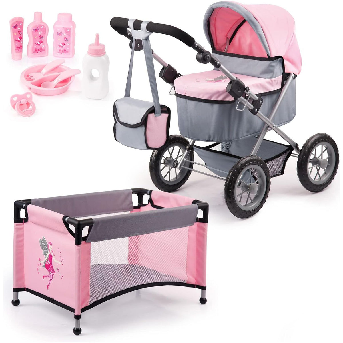 Trendy Dolls Pram &amp; Travel Bed Set - Fairy, Pink, Grey