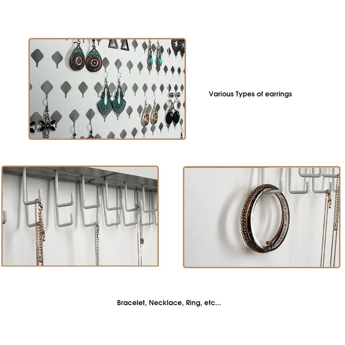 Wall Mount Earring Jewelry Hanger Organizer Holder with 109 Holes and 19 Hooks (White)