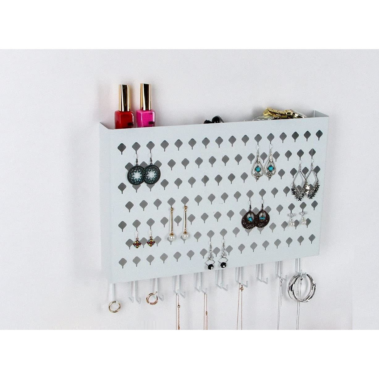 Wall Mount Earring Jewelry Hanger Organizer Holder with 109 Holes and 19 Hooks (White)