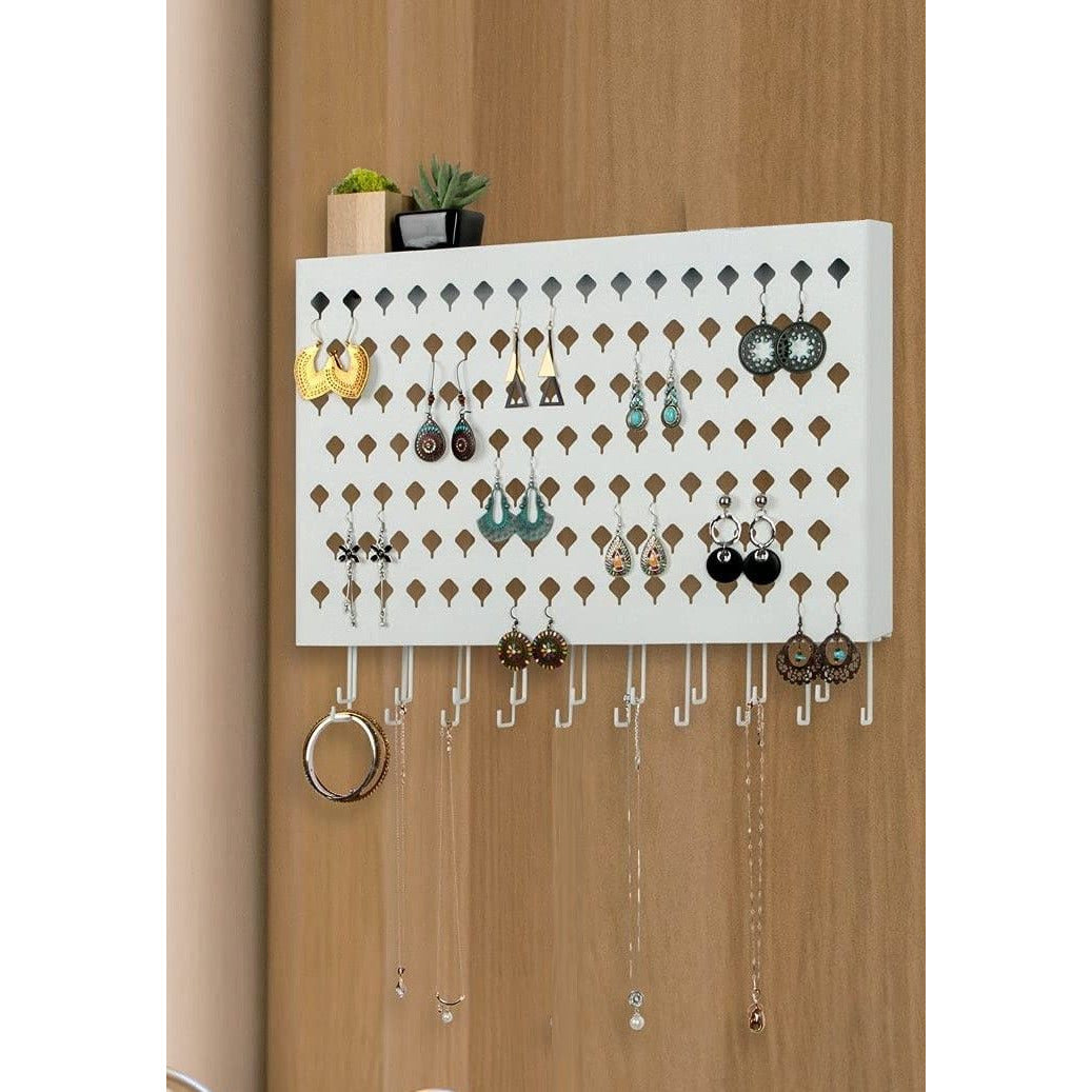 Wall Mount Earring Jewelry Hanger Organizer Holder with 109 Holes and 19 Hooks (White)