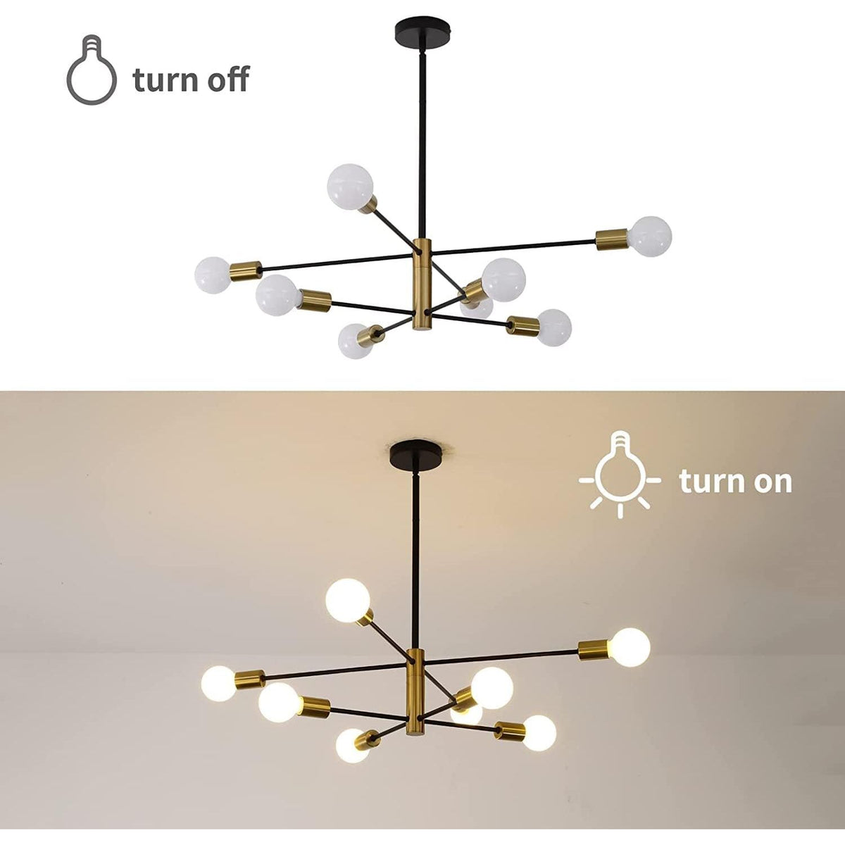 Sputnik Chandelier Modern Industrial, 8-Light , Black & Gold
