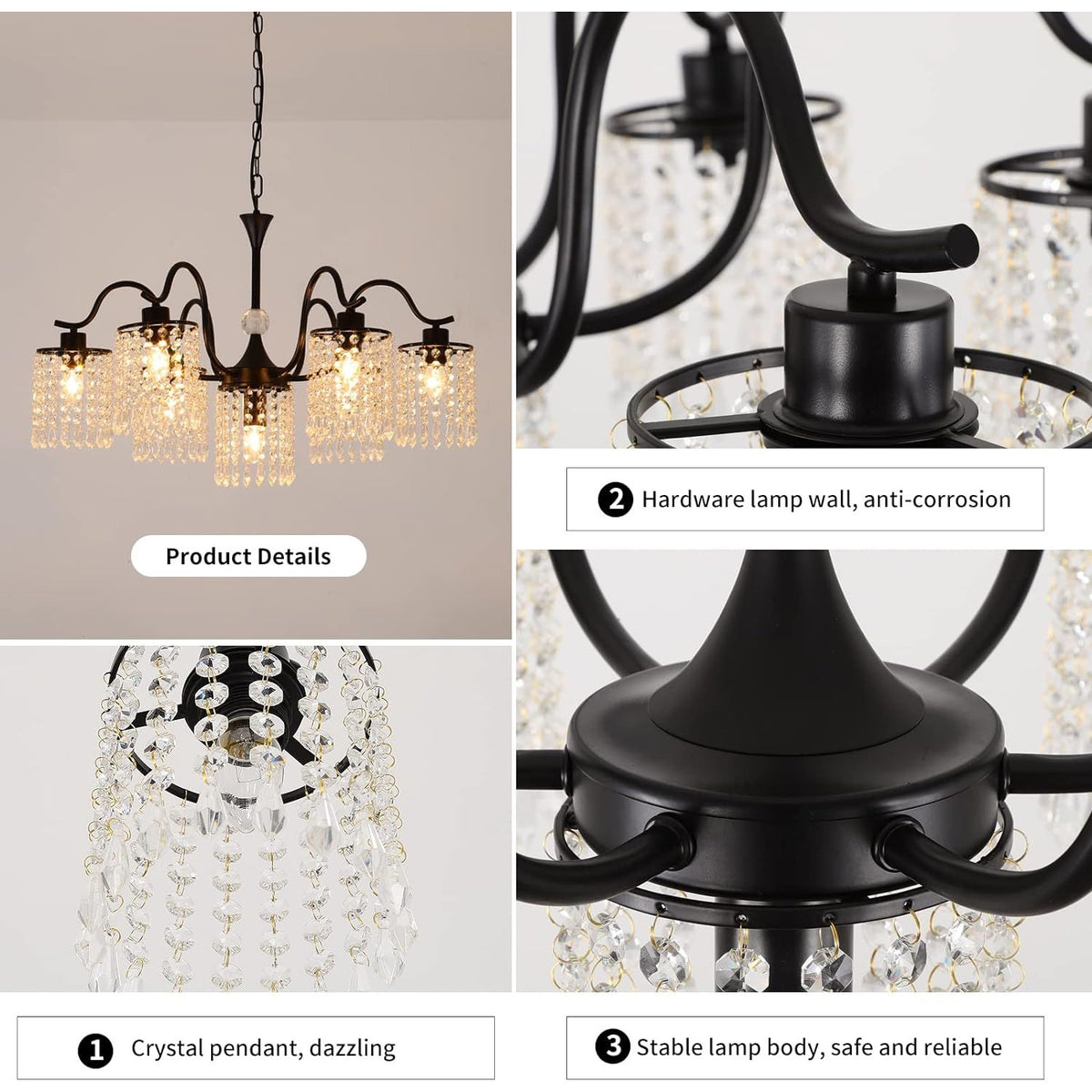 Crystal Chandelier Industrial Farmhouse, Black