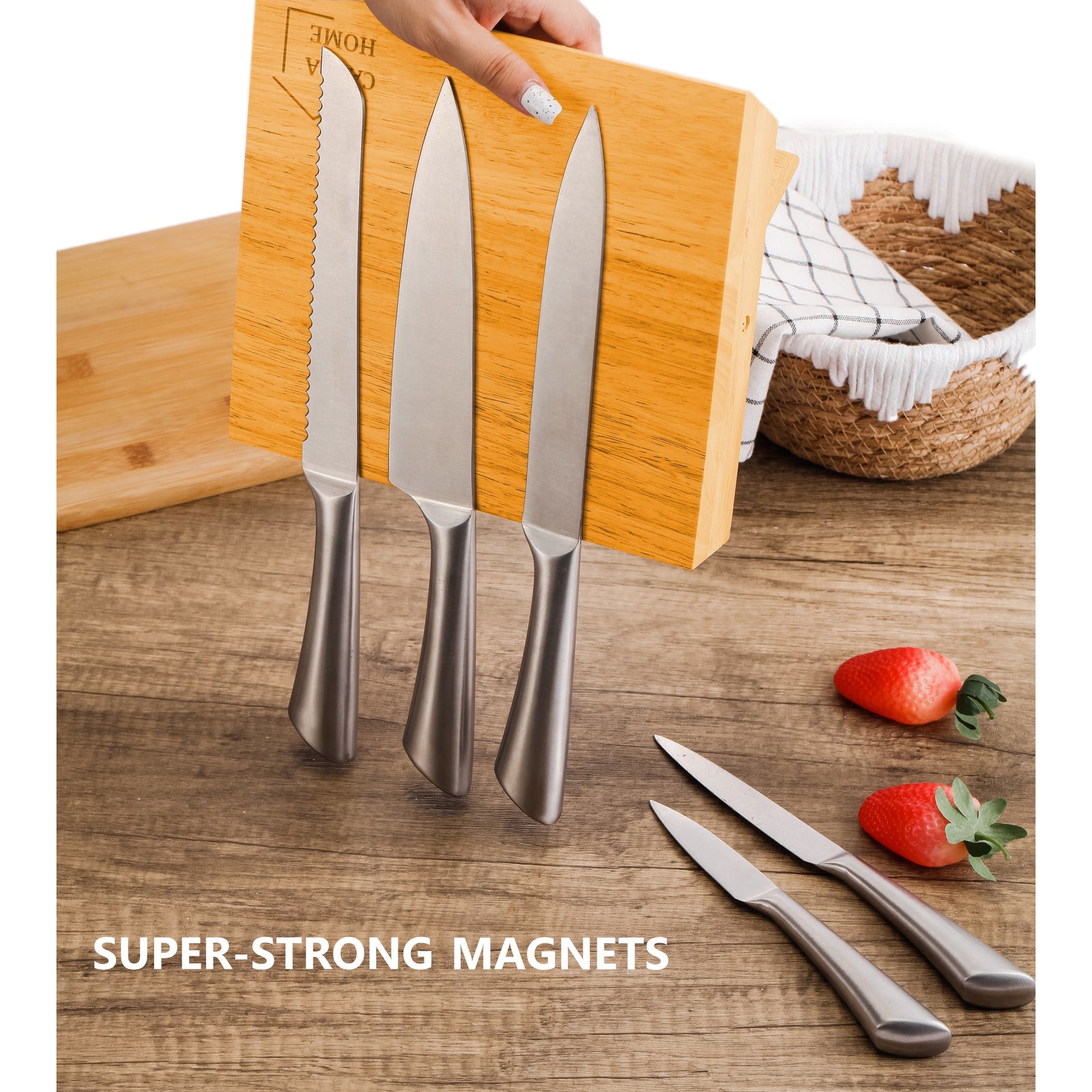 Natural Bamboo Magnetic Knife Block Holder with Strong Magnets for Home Kitchen Storage & Organisation