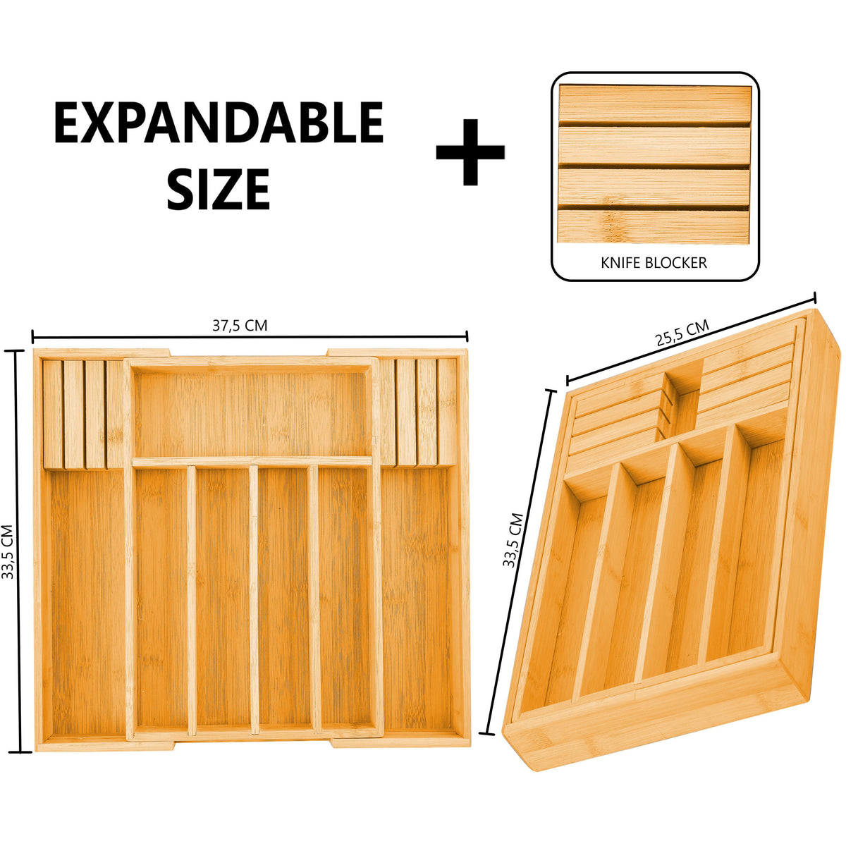 Large Capacity Bamboo Expandable Drawer Organizer with Knife Block Holder for Home Kitchen Utensils