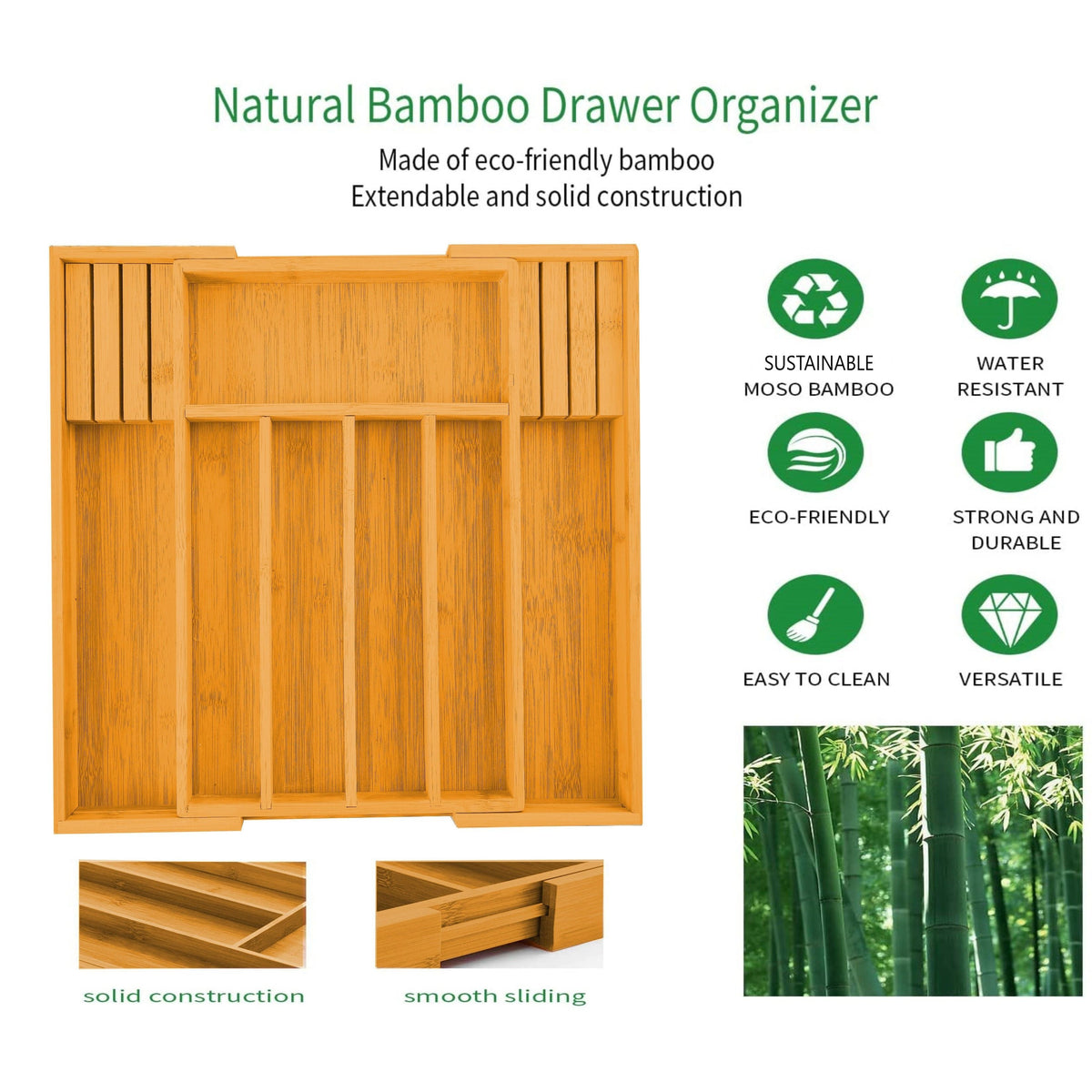 Large Capacity Bamboo Expandable Drawer Organizer with Knife Block Holder for Home Kitchen Utensils