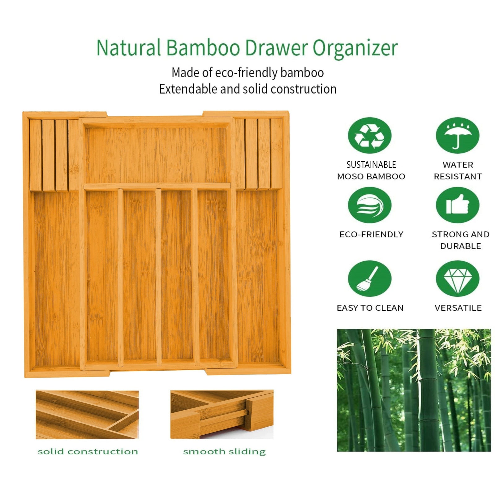 Large Capacity Bamboo Expandable Drawer Organizer with Knife Block Holder for Home Kitchen Utensils