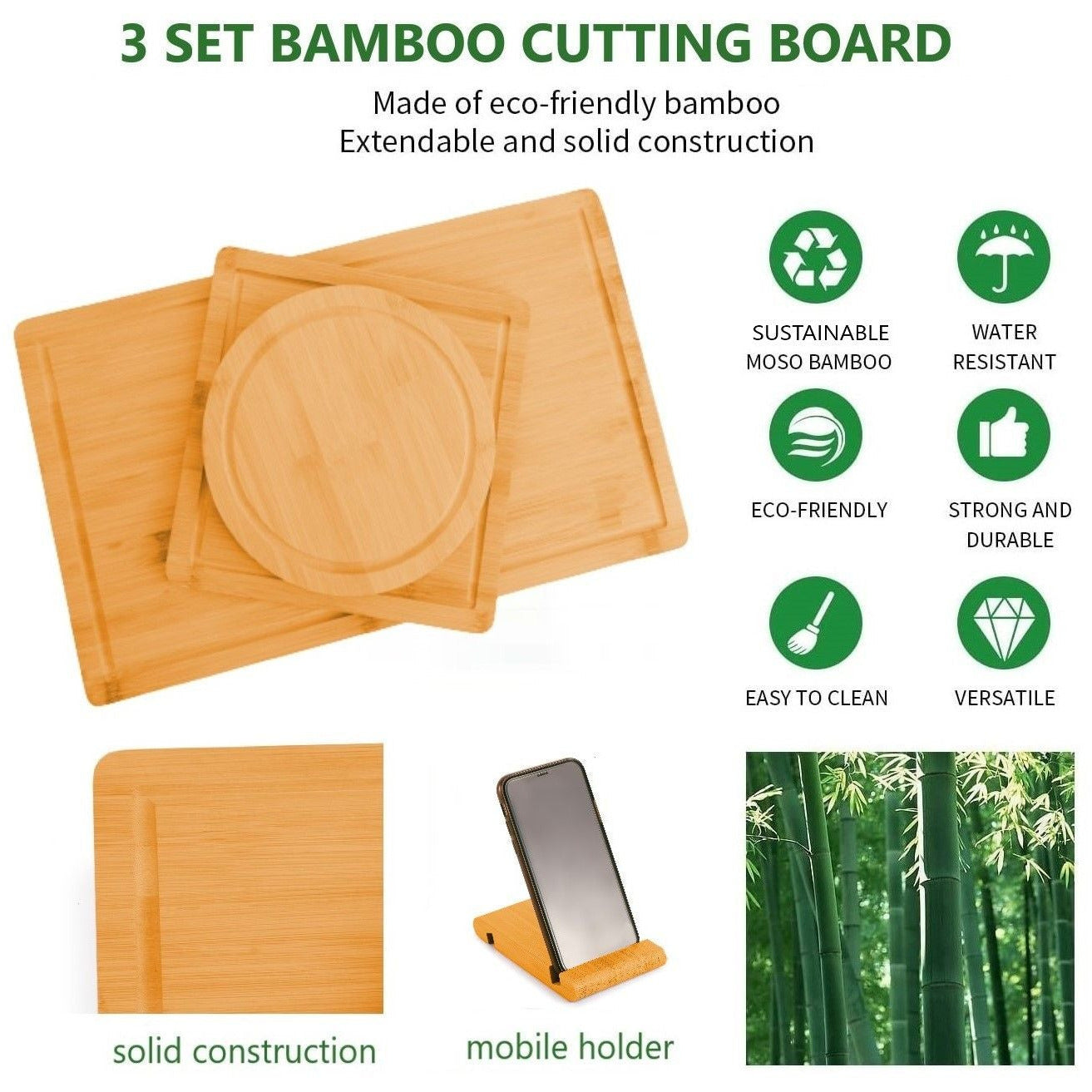 3 Pieces Bamboo Cutting Board with Juice Groove and Mobile Holder included for Home Kitchen