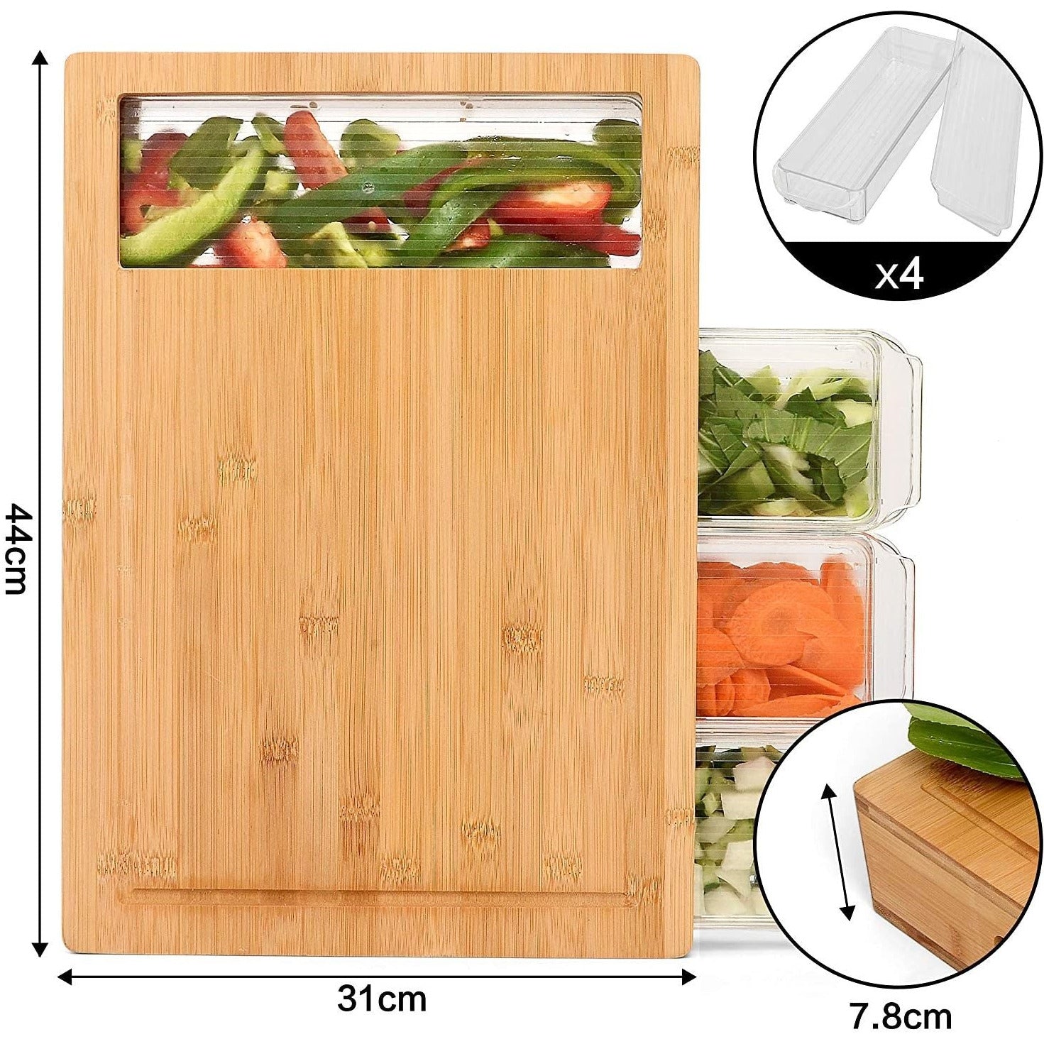 Large Bamboo Cutting Board and 4 Containers with Mobile Holder gift included for Home Kitchen