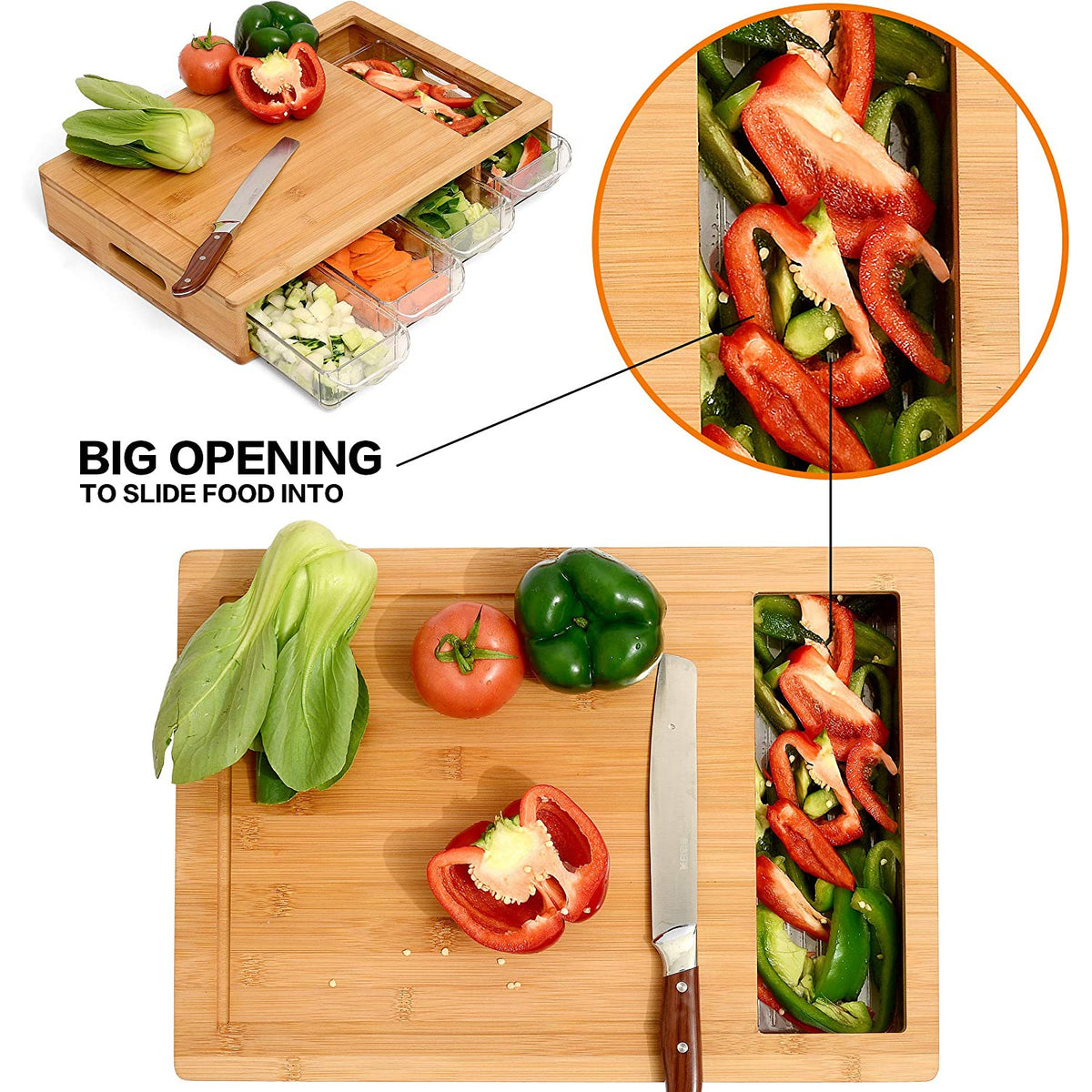 Large Bamboo Cutting Board and 4 Containers with Mobile Holder gift included for Home Kitchen