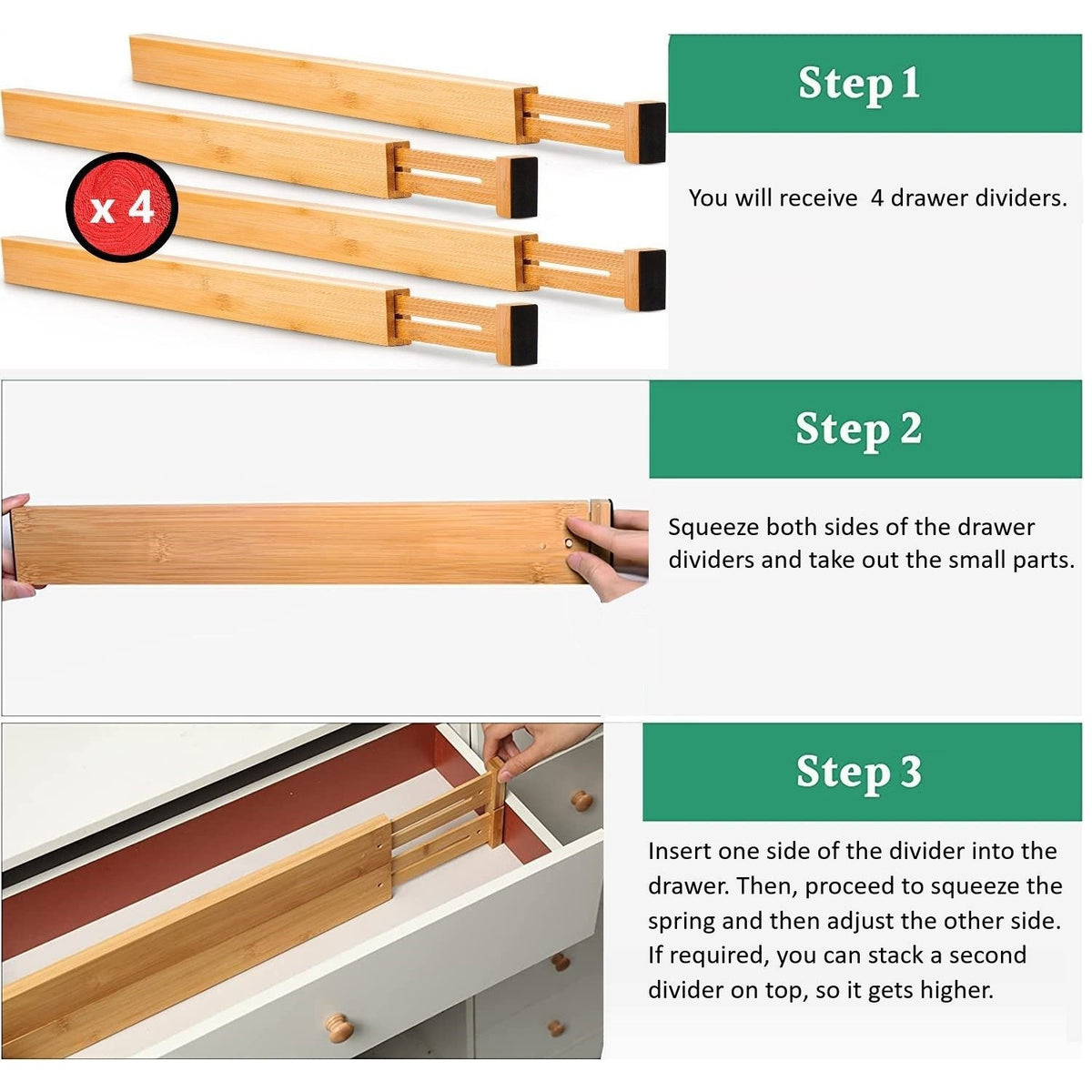4 Pack Bamboo Adjustable Kitchen Drawer Dividers (Large, 44-55 cm)