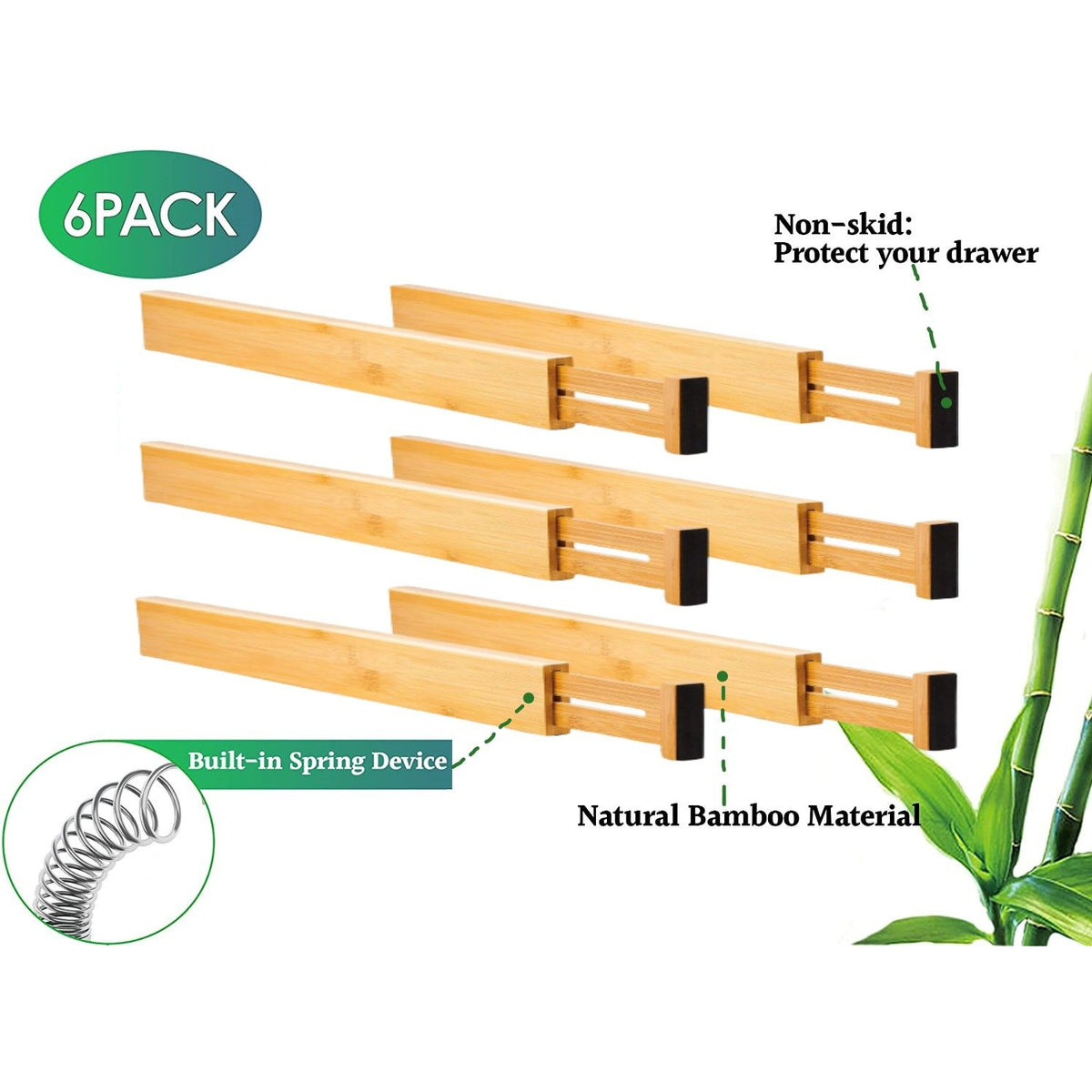 6 Pack Bamboo Adjustable Kitchen Drawer Dividers (Large, 44-55 cm)