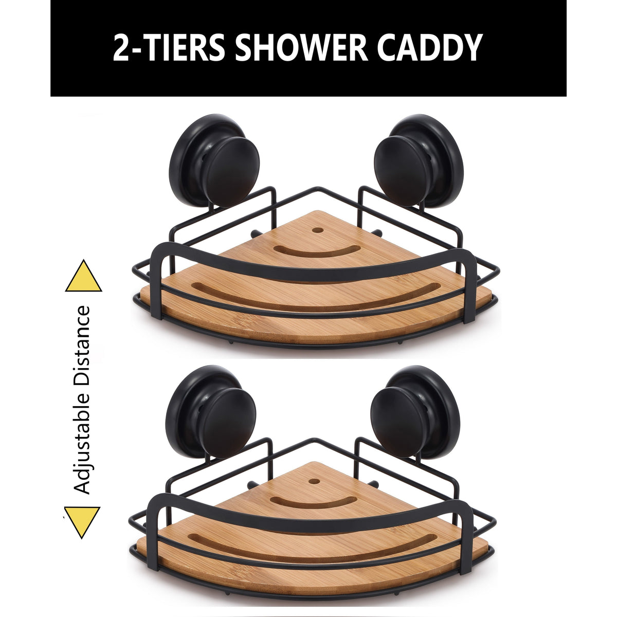 2 Pack Round Bamboo Corner Shower Caddy Shelf Basket Rack with Premium Vacuum Suction Cup No-Drilling for Bathroom and Kitchen