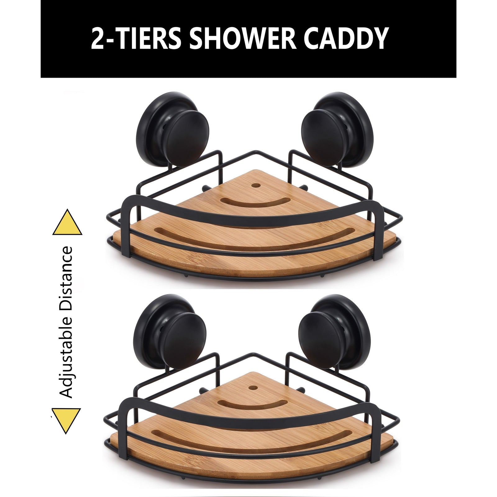 2 Pack Round Bamboo Corner Shower Caddy Shelf Basket Rack with Premium Vacuum Suction Cup No-Drilling for Bathroom and Kitchen