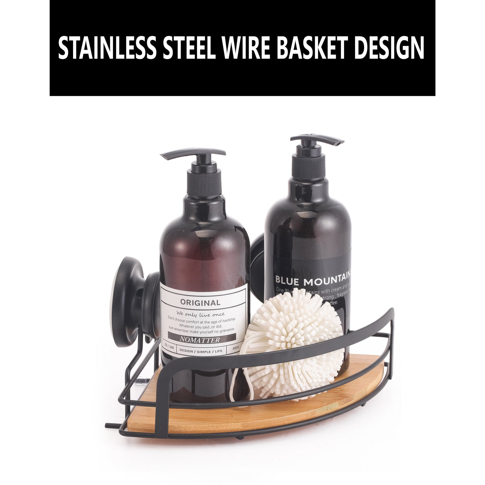 2 Pack Round Bamboo Corner Shower Caddy Shelf Basket Rack with Premium Vacuum Suction Cup No-Drilling for Bathroom and Kitchen