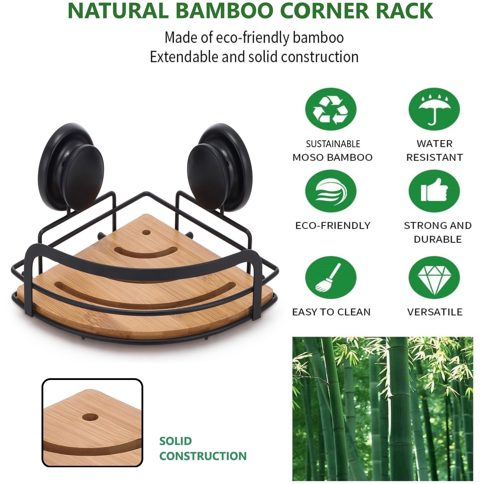 2 Pack Round Bamboo Corner Shower Caddy Shelf Basket Rack with Premium Vacuum Suction Cup No-Drilling for Bathroom and Kitchen